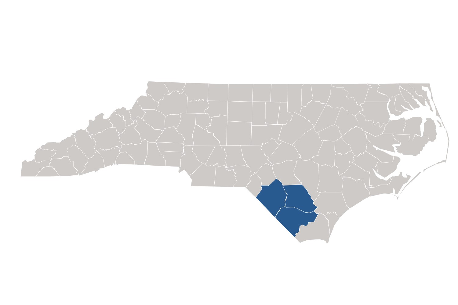Map of Robeson, Bladen, Columbus County